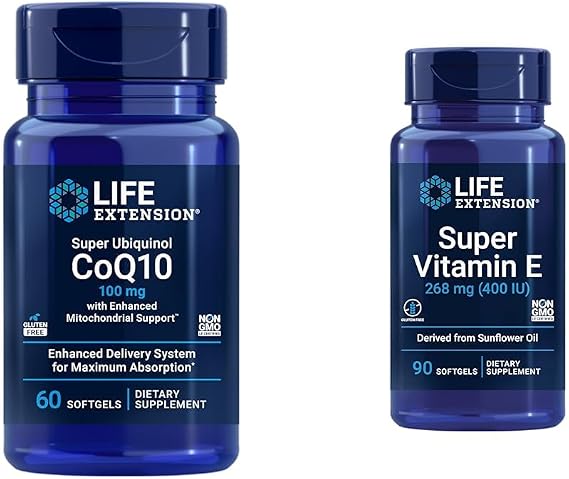 Life Extension Super Ubiquinol CoQ10 Heart Health Cellular Energy 60 Softgels and Super Vitamin E 268mg Immune & Brain Health 90 Softgels Bundle