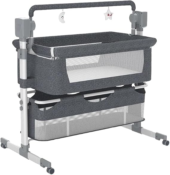 Electric Bluetooth Smart Next to Me Crib, Bassinet Cradle with Lullaby Music, Baby Bedside Crib for Newborn, Baby Co-Sleeper Cot with Mattress, Remote and 5 Swaying Gears (MG601-Grey)