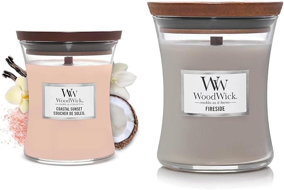 WoodWick Medium Hourglass Candles, Coastal Sunset and Fireside Scents, Soy Blend Wax, Wood Wicks