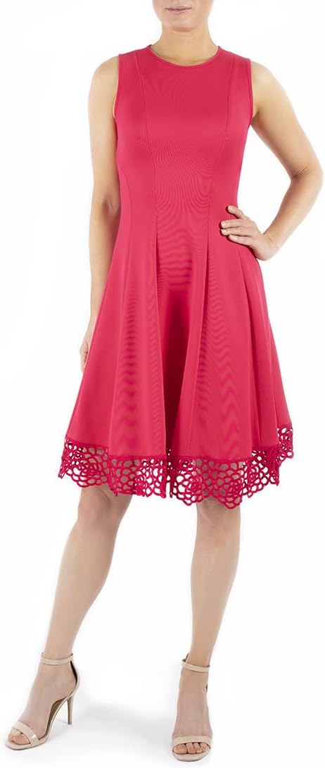 Donna Ricco Women's Sleeveless Crew Neck Crochet Hem Fit and Flare