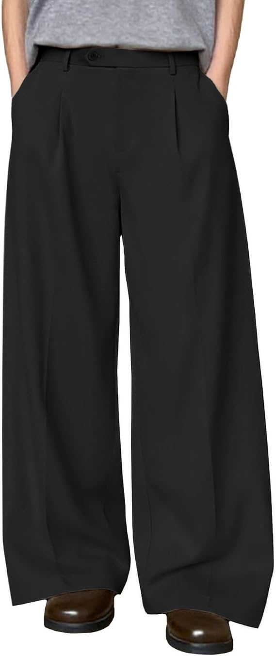 Susclude Mens Baggy Wide Leg Pants Pleated A Line Slacks Loose Casual Dress Pants Old Money Oversized Y2K Stylish Trousers