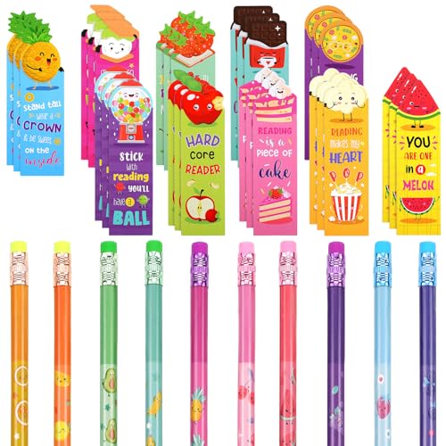 Teling 60 Pcs Inspirational Scented Pencils and Scented Bookmarks Sets Funny Smelly Pencils with Eraser Theme Bookmarks Cute Stationery Bulk for Reading Rewards Party FavorsVivid