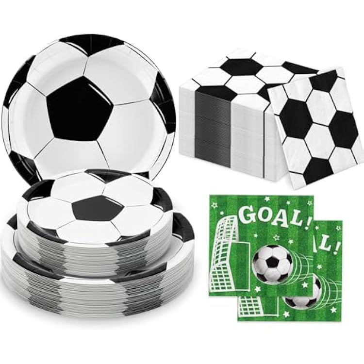 150 PCS Soccer Plates and Napkins, Soccer Party Supplies Disposable Paper Plates and Napkins Tableware Set for Boys Sports Soccer Birthday Party Decorations, Serves 50