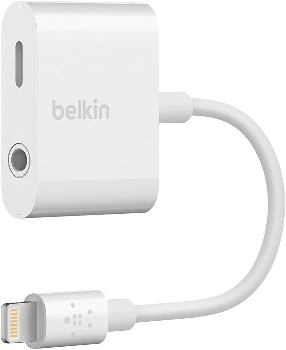 Belkin Lightning & 3.5mm Audio Dual Adapter for iPhone 14 / 13 / 12 / SE / 11 / XR, MFi Certified, Earphones and Charging Simultaneously Possible, Data Transfer Compatible, White F8J212BTWHT