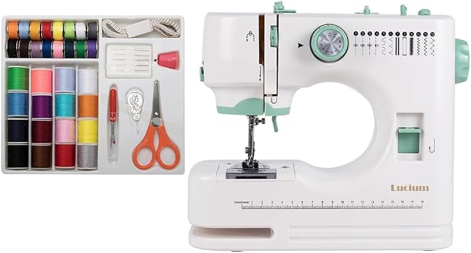 Mini Sewing Machine for Beginner by Lucium Sewing Supplies set included - Small Sewing Machines with Two Needle Types, Two Speeds, LED Sewing Light, Foot Pedal LC-073-A2