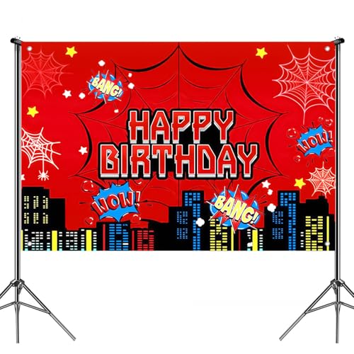 Red Spider Web Party Backdrop, 5 x 3 ft City Scene Birthday Banner, Photo Booth Background for Kids Birthday, Baby Shower, School Events, and Party Decorations Small