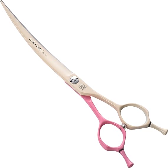 Curved Dog Grooming Scissors with Coating 440C Stainless Steel, 7 inch Professional Curved Shears Dog Grooming,25 Degree of Curved Blade,Pet Shears for Trimming Face and Paws, Pink & White
