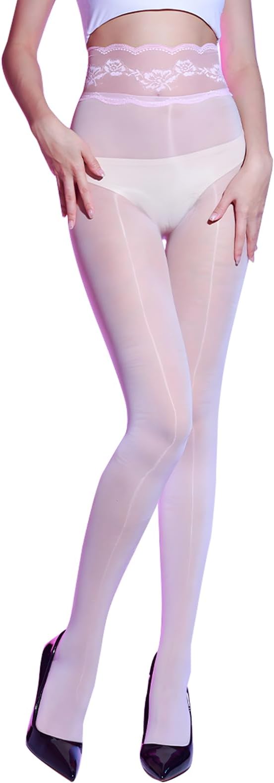 Women's Oily Shiny Pantyhose Seamless Sheer Tights 8 Denier High Waist Lace Gloss Stockings
