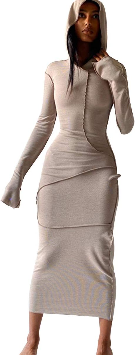 LuFeng Women's Sexy Long Sleeve Bodycon Solid Hoodie Patchwork High Waist Long Dress