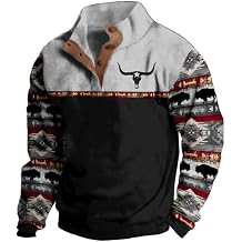 Bengbobar Men's Aztec Sweatshirt Western Cowboy Bull Head Hoodies Long Sleeve Stand Collar Ethnic 1/4 Button Pullover Jacket
