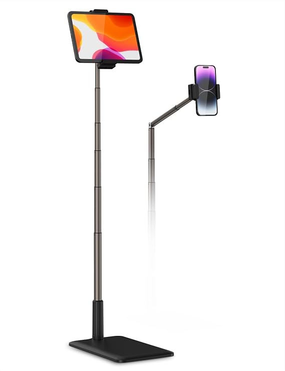 Viozon Tablet Floor Stand-Flexible Long Arm Tablet&Phone Holder,360 Angle Adjustable,Aluminum Alloy,Bedside,Sofaside,Desk,Compatible with 3.5-11 inches iPad,Kindle, iPhone 16 15 Plus/Pro Max -Black