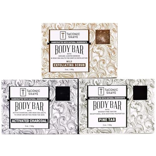 Taconic Shave All Natural Face and Body Soap Variety Pack - 3 Bars - One Bar Each of Pine Tar, Exfoliating and Charcoal - Handmade in the USA