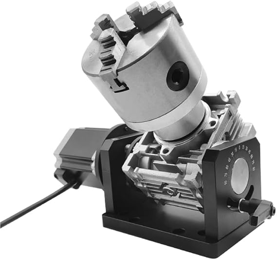 RATTMMOTOR CNC 4th Axis Rotary Axis 70mm Center Height JD80 Motorized Rotary Table Adjustable Angle, 3 Jaw 80mm Chuck Worm Gearbox Reducer Speed Ratio 10:1 for Marking/Engraver Machine