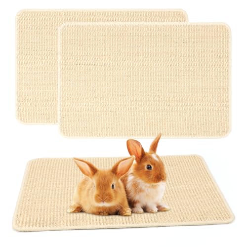 FHTONGE 2 Pcs Sisal Rabbit Scratching Mats for Cage Bedding, Large Bunny Scratch Pads Rabbit Mat with Non-Slip Base, Rabbits Chew Toy Grass Mats for Claw Teeth Grinding Biting Sleeping Nesting Cooling