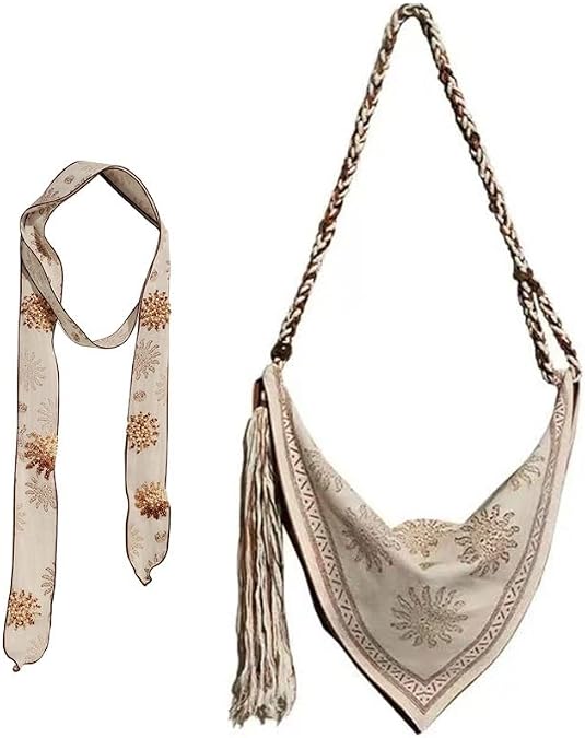 Bohemian Linen Crossbody Bag for Women,Casual Hobo Bags with Flower Patterns/Braided Tassel Shoulder Straps