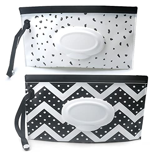 Baby Wipe Dispenser,Portable Refillable Wipe Holder Wipe Dispenser Bag Reusable Travel Wet Wipe Pouch Black & White
