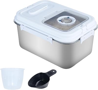 Airtight Rice Storage Container Bin 20lb, Stainless Steel Food Storage Containers with Measuring Cup,Spoon, Kitchen and Pantry Canister for Rice, Flour, Sugar, and Baking SuppliesSilver
