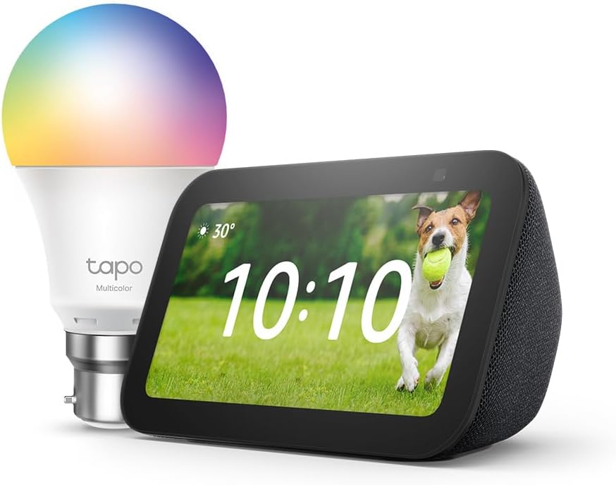Echo Show 5 (3rd generation) | Charcoal + Tapo L530BA Smart Light Bulb (B22), Works with Alexa - Smart Home Starter Kit, with Alexa+ Early Access