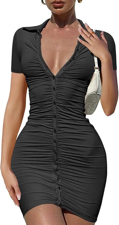 DAAWENXI Women's Sexy V Neck Ruched Button Down Clubwear Night Out Mini Club Dress