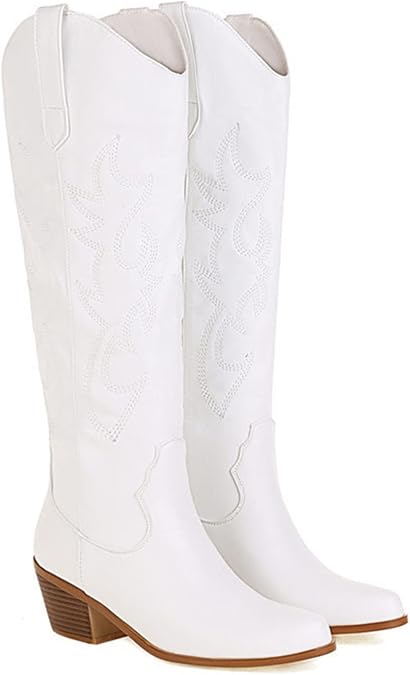 Cowboy Boots for Women Pointy Toe Embroidered Pull-On Chunky Heel Booties Cowgirl Boots Mid Knee Boots (Color : White, Size : 8.5 US)