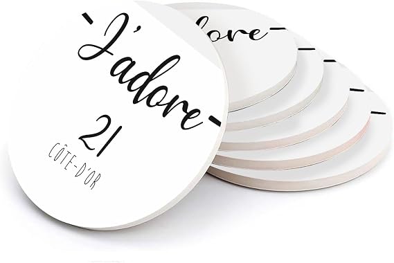 Set of 6 Round Ceramic Coasters - J'adore 21 Cote d'or French Region - Set of 6 (108 x 108 mm)
