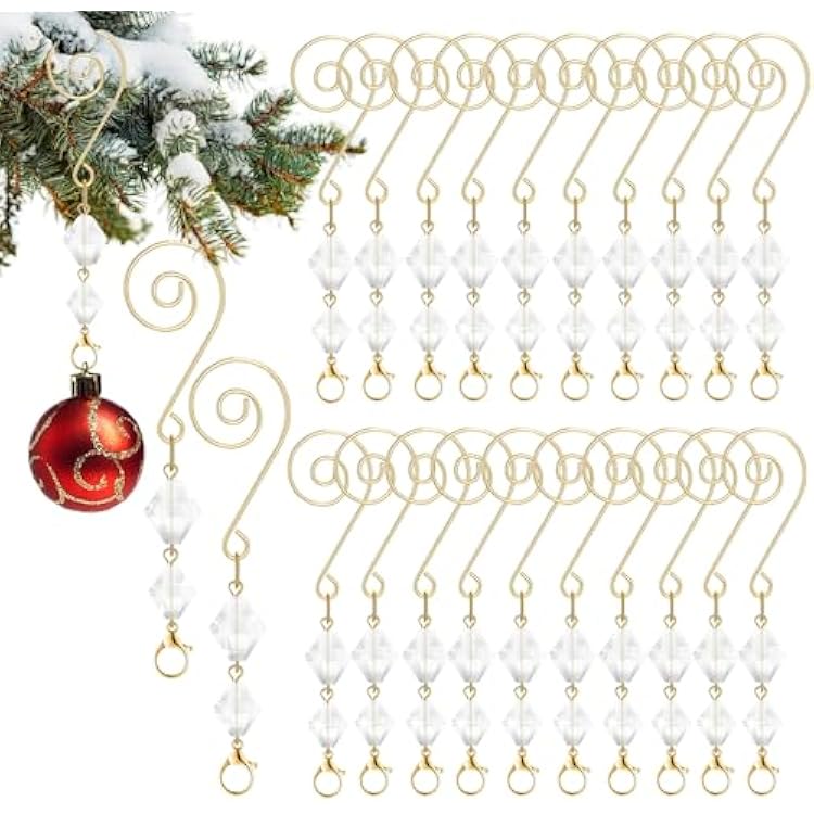 20 Pcs Christmas Ornament Hangers Tree Ornament Hooks Gold Decorative Clear Acrylic Wire S Hook with Lobster Claws Hanging Metal Wire Crystal Jeweled Swirl for Xmas Tree Home Decoration