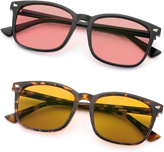 2 Pack Indoor FL-41 Pink & Outdoor Fluorescent-60 Brown Tinted Migraine Light Sensitivity Glasses for Photophobia, Fluorescent LED Glare and Computer, Two Pairs Blue Light Blocking Eyeglasses
