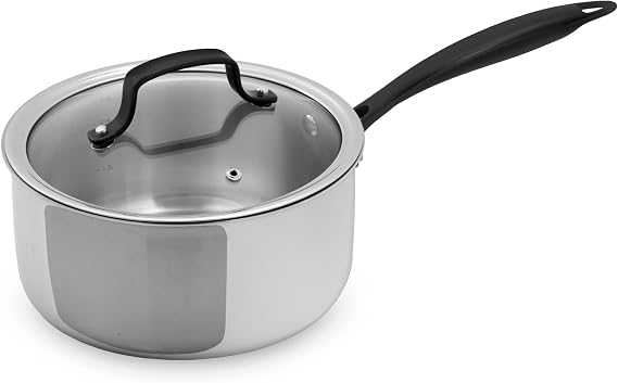 GrandTies Full Clad 3-Layer Stainless Steel Saucepan Induction Cookware - 3 Quart Stainless Steel Pot, Marquina Black Metal Handle, Kitchen Cooking Pot with Lid, Dishwasher Safe Pots and Pans
