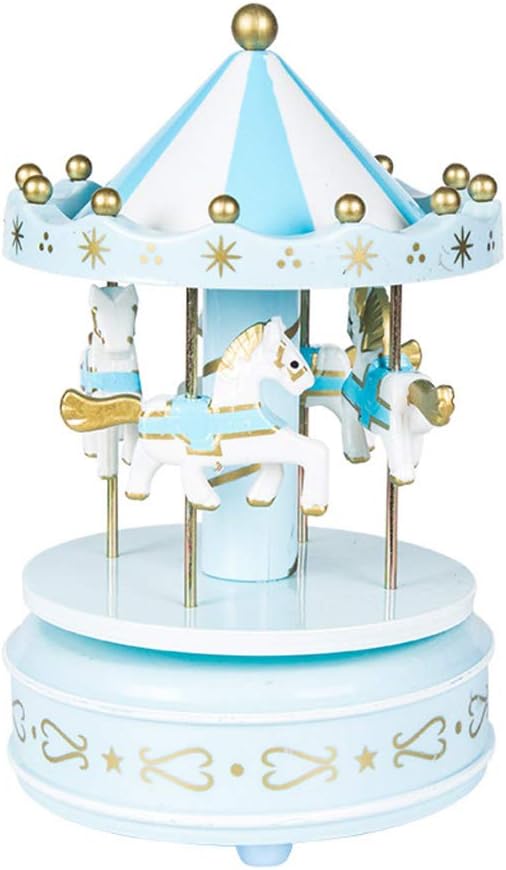 HYSTYLE Vintage Wooden Merry-Go-Round Horses Rotating Music Box Christmas Birthday Gift Carousel Music Box, Clockwork Mechanism Laxury Carousel Music Box, Birthday Cake Topper (Blue)