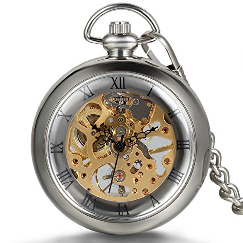 JewelryWe Mens Vintage Mechanical Pocket Watch - Analog Skeleton Hand Wind Mechanical Watch with Roman Numbers Open Face for Valentines Day