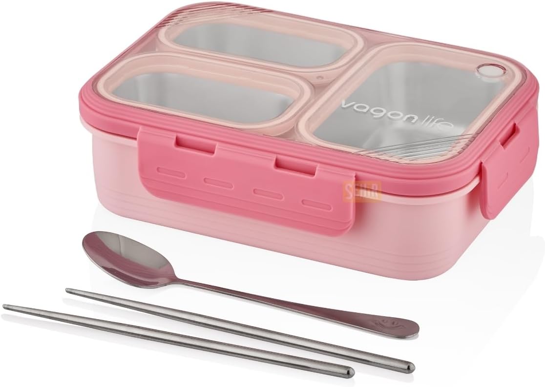 Wagonlife Bento 620ml Lunchbox Single Storey 3 Compartment Steel Lunch Box Dining Box (Pink)