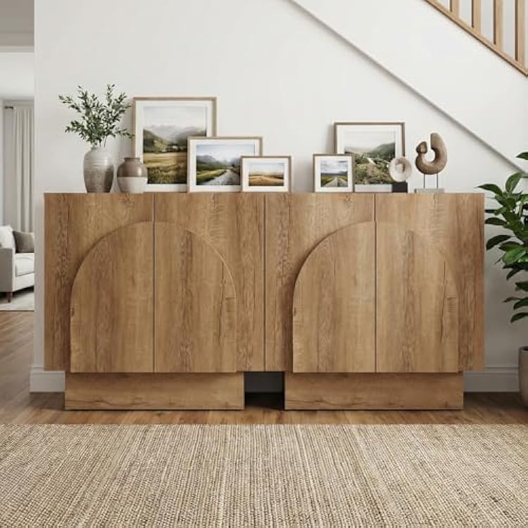 Natural Sideboard Buffet Cabinets with Storage, Modern Buffet Coffee Bar Table Stand Cabinets with Arched Doors, Farmhouse Wooden TV Media Console Table Credenza for Living RoomEntryway, 2PCS
