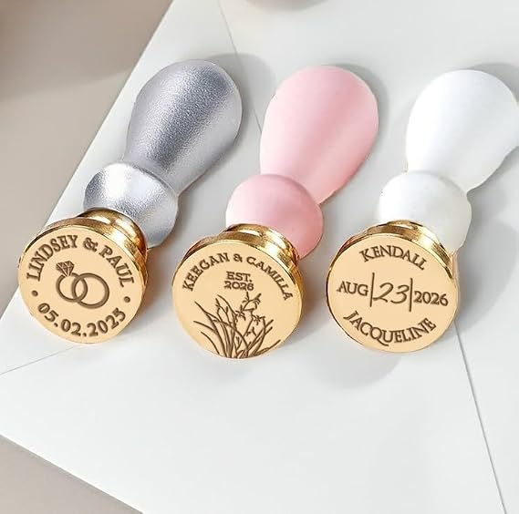 Wedding Custom Monogram Wax Seal Stamp | Personalized Names & Date | USA Handcrafted | Multiple Handle & Wax Color Options