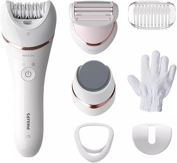 Philips Hair Removal Device, Wet and Dry Wireless Use, LED Light, Extra Wide Head, Precision Zone Head, Pedicure Foot File, Including 6 Accessories, White Color, BRE730/05