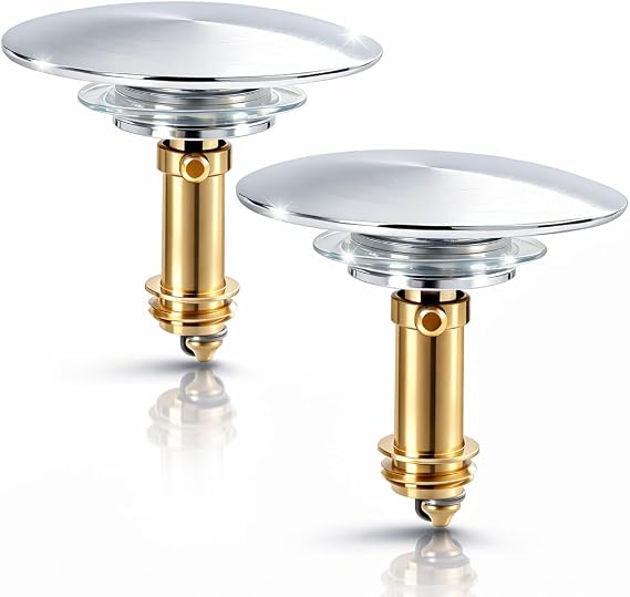 2 Pack Pop Up Click Clack Sprung Plug Stopper and Sink Plug Replacement, Push Button Pop Up Plug for Wash Basins and Bath, Chrome Plated Brass Pop Up Sink Plug for Bathroom Drains