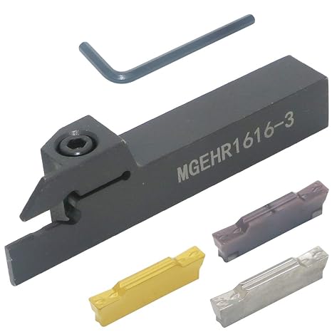 CNC Lathe Grooving Tool Holder MGEHR1616-3(0.63 Inch), with Three MGMN300 Cemented Carbide Blades. Yellow Processed Steel, Fuchsia Processed Stainless Steel, Silver Processed Aluminum Alloy. (3mm)
