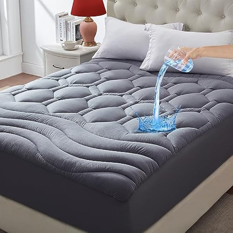 ELVEN HOME King Size Mattress Pad Waterproof, Cooling Mattress Topper Noiseless, Leak Proof Mattress Protector Deep Pocket Washable, Quilted Fitted Soft King Mattress Pad Cover 78x80 inch, Grey