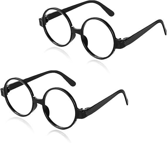 2 Pcs Round Glasses,Fake Glasses Lensless Black Frame Plastic Circle Glass
