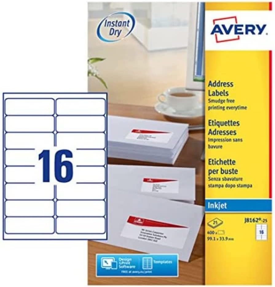 Avery Self Adhesive Address Mailing Labels, Inkjet Printers, 16 Labels per A4 Sheet, 400 labels, QuickDRY J8162, white