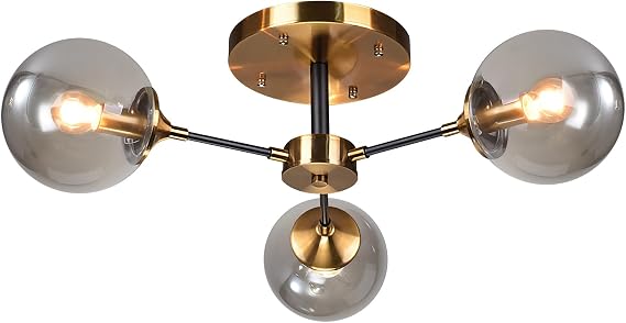 KCO Lighting Mid Century 3 Light Black Gold Flush Mount Light Fixture
