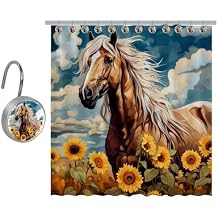Horse Sunflowers Field Shower Curtain, Modern Polyester Shower Curtain for Bathroom Decor, Waterproof Fabric Shower Curtain Set with Hooks 36x72 Inch