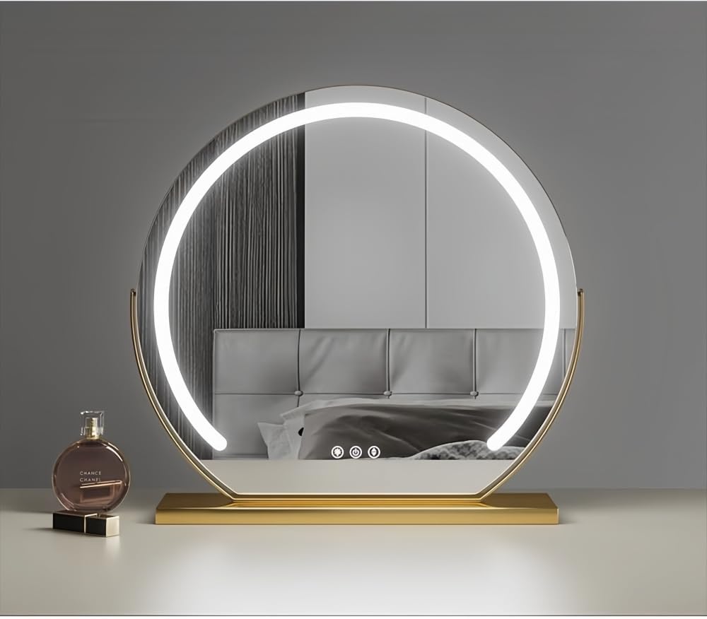 Tabletop Vanity Mirror, Actress Tabletop Mirror, LED Round Makeup Mirror, Hollywood Touch Switch, 3 Light Color Switch, Adjustable Brightness, Angle Adjustment, Metal Bracket, Durable, Stylish