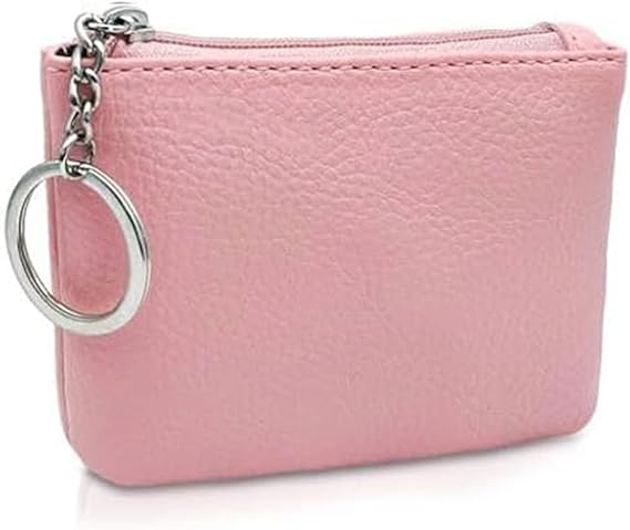 Coin Purse, PU Leather Coin Purse Pouch with Keychain, Zipper Lychee Pattern Change Wallet Purse for Women to Store Keys, Changes (Pink)