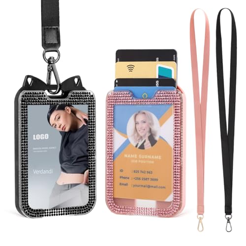 2 Pack Lanyards for id Badges Bling ID Badge Holder with Lanyard for Office, School, Cruise Cards,Travel Pink and Black