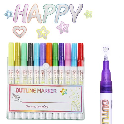 Dual-Line Highlighter, Double Line Outline Pen Sparkle Markers Colorful Art Pens, Multicolor Glitter Pen Outline Marker Set for Writing Drawing Greeting Cards and DIY Art Crafts B#-12 colors