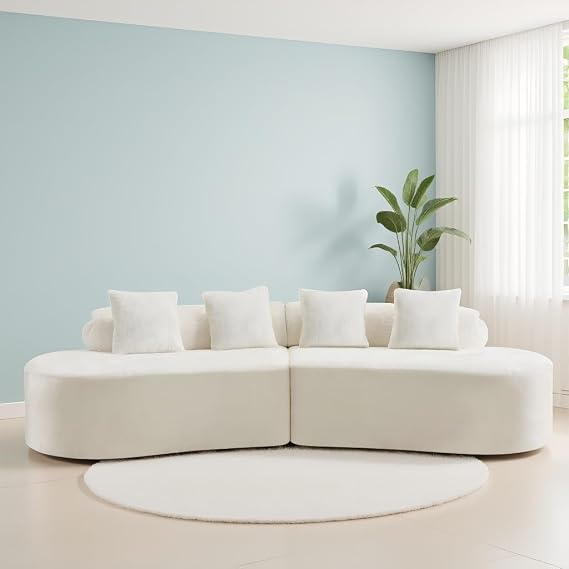 Curved Boneless Sofa, Modern Modular Cloud Sofa with Cylindrical Backrest & 4 Coordinating Pillows, 111'' Leisure Compressed Sectional Couch with Ergonomic Design for Living Room, White