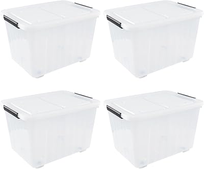 4-Pack 42 L Clear Plastic Storage Container Bin with Lids and Latch Buckle, Clear Storage Latch BoxBin with Wheels