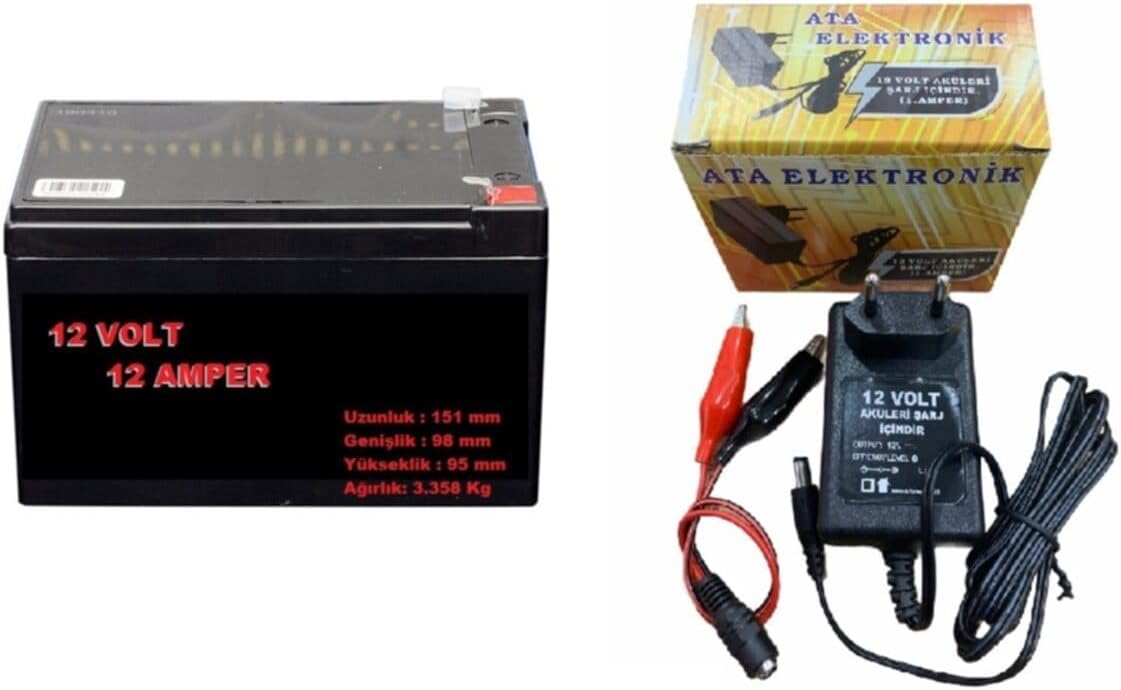Pilsan Uyumlu Akülü Araç Için 12v 12ah 12 Volt 12 Amper Akü + 12 Volt Şarj Cihazı Adaptör