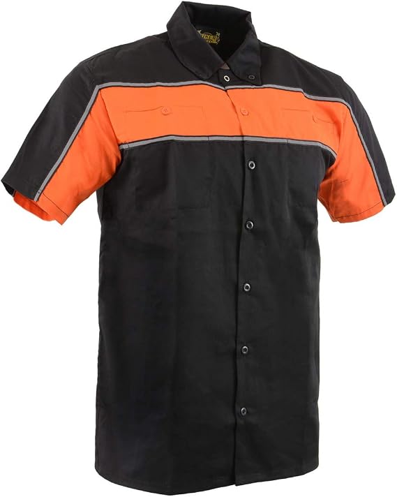 Milwaukee Leather MDM11673 Mens Black-Orange Mechanic Work Shirt w/Reflective Strip - Heavy-Duty Button-Up