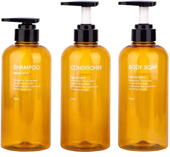 Pack of 3 500 ml Shampoo Bottle Pump Dispenser Empty Plastic Soap Dispenser Bottle with Pump for Bathroom Kitchen or Hotel Refillable Liquid Dispenser for Lotion Shower Gel and Conditioner Amber
